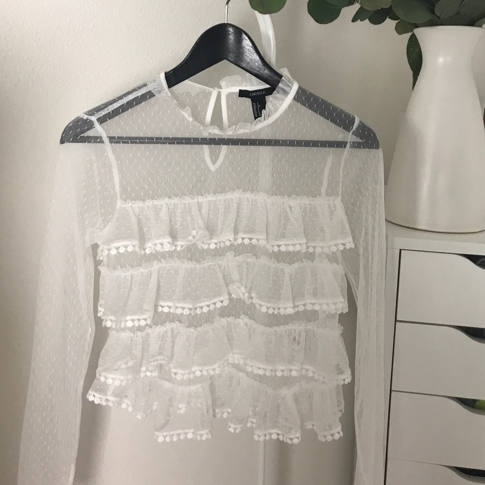 White Ruffle Mesh Blouse
